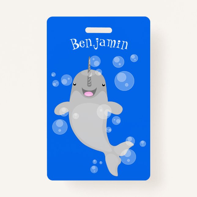 Cute happy narwhal bubbles cartoon illustration badge (Front)