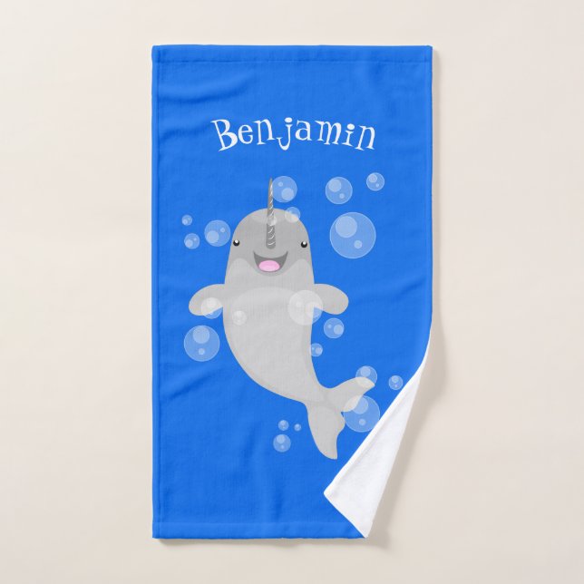 Cute happy narwhal bubbles cartoon illustration bath towel set (Hand Towel)