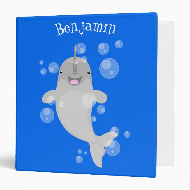 Cute happy narwhal bubbles cartoon illustration binder (Front/Inside)