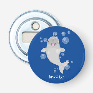 Cute happy narwhal bubbles cartoon illustration bottle opener