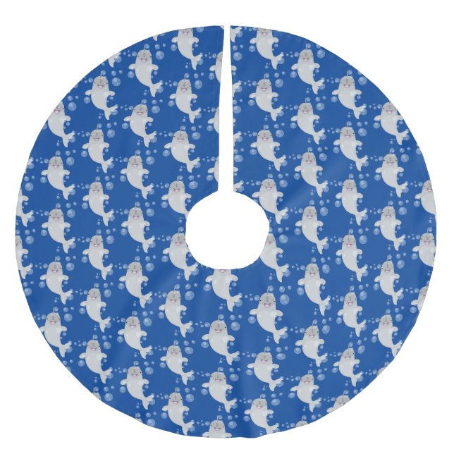 Cute happy narwhal bubbles cartoon illustration brushed polyester tree skirt (Front)