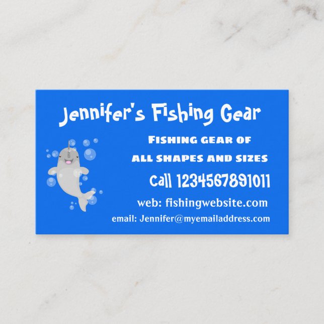 Cute happy narwhal bubbles cartoon illustration business card (Front)