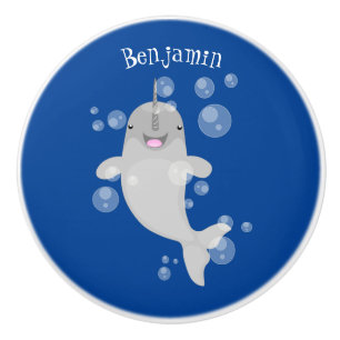 Cute happy narwhal bubbles cartoon illustration ceramic knob