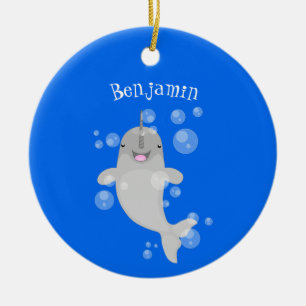 Cute happy narwhal bubbles cartoon illustration ceramic ornament
