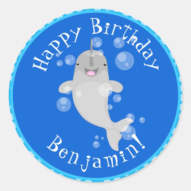 Cute happy narwhal bubbles cartoon illustration classic round sticker (Front)