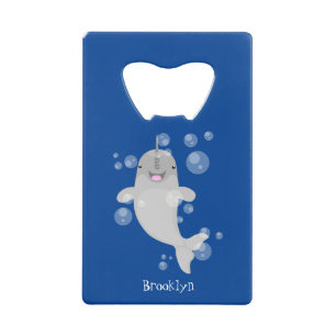 Cute happy narwhal bubbles cartoon illustration credit card bottle opener