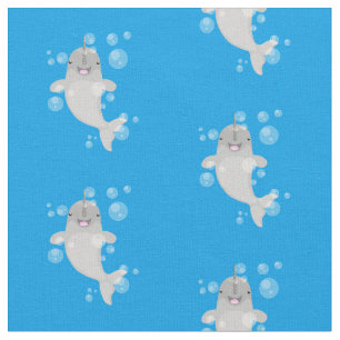 Cute happy narwhal bubbles cartoon illustration fabric