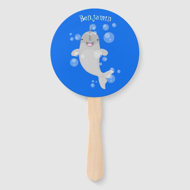 Cute happy narwhal bubbles cartoon illustration hand fan (Front)