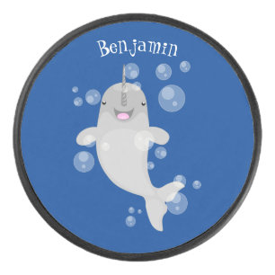 Cute happy narwhal bubbles cartoon illustration hockey puck
