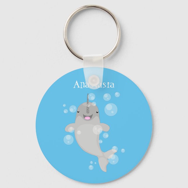 Cute happy narwhal bubbles cartoon illustration keychain (Front)