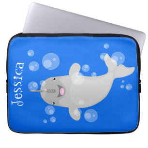 Cute happy narwhal bubbles cartoon illustration laptop sleeve