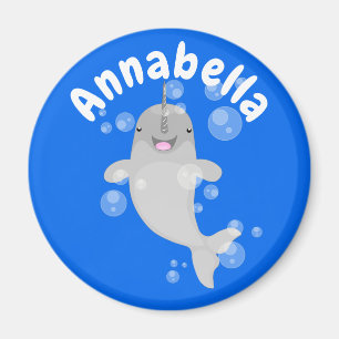 Cute happy narwhal bubbles cartoon illustration magnet