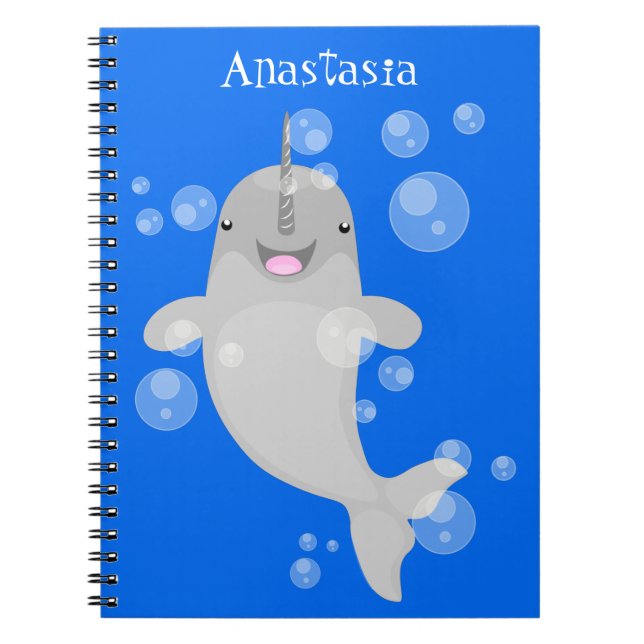 Cute happy narwhal bubbles cartoon illustration notebook (Front)