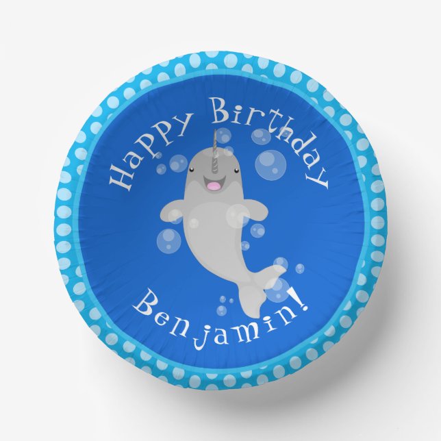 Cute happy narwhal bubbles cartoon illustration paper plate (Front)