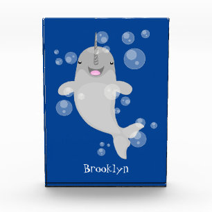 Cute happy narwhal bubbles cartoon illustration photo block