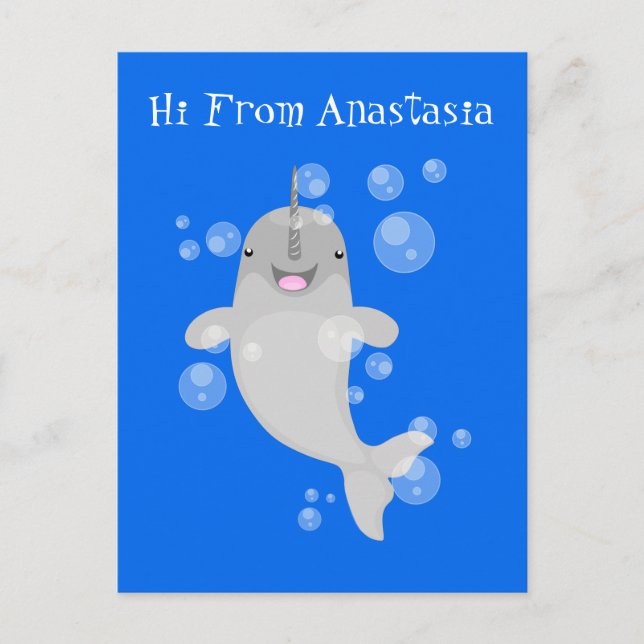 Cute happy narwhal bubbles cartoon illustration postcard (Front)