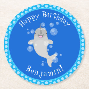 Cute happy narwhal bubbles cartoon illustration round paper coaster