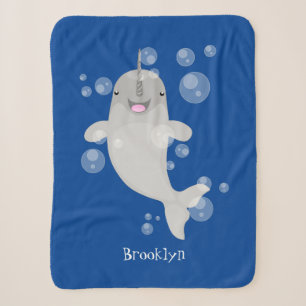 Cute happy narwhal bubbles cartoon illustration sherpa blanket