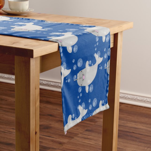 Cute happy narwhal bubbles cartoon illustration short table runner (In Situ)