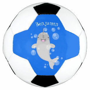 Cute happy narwhal bubbles cartoon illustration soccer ball