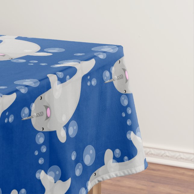Cute happy narwhal bubbles cartoon illustration tablecloth (In Situ)