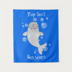 Cute happy narwhal bubbles cartoon illustration tapestry