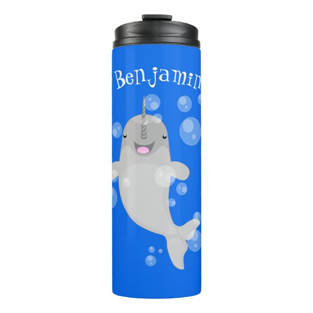 Cute happy narwhal bubbles cartoon illustration thermal tumbler (Front)