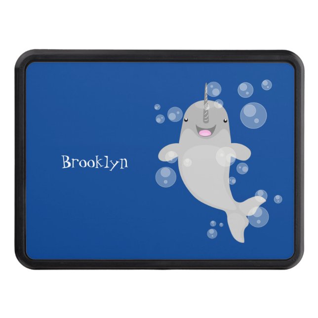 Cute happy narwhal bubbles cartoon illustration trailer hitch cover (Front)