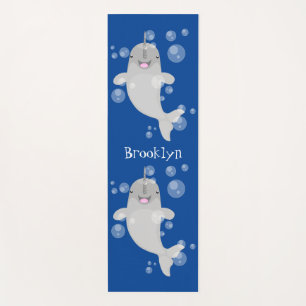 Cute happy narwhal bubbles cartoon illustration yoga mat