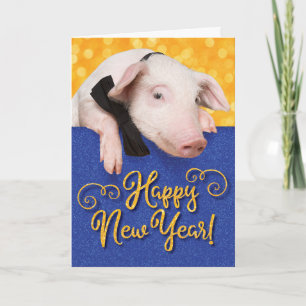 Cute Happy New Year Pig With Bow Tie Card