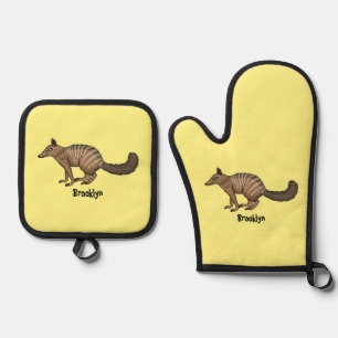 Cute happy numbat cartoon illustration oven mitt & pot holder set