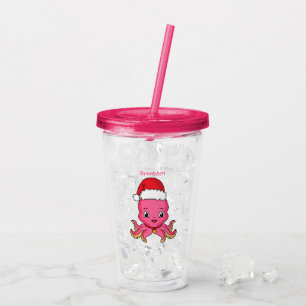 Cute happy octopus wearing Christmas hat cartoon Acrylic Tumbler
