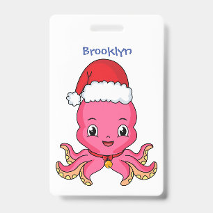 Cute happy octopus wearing Christmas hat cartoon Badge