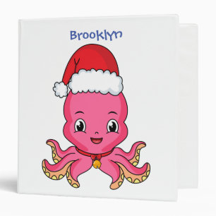 Cute happy octopus wearing Christmas hat cartoon Binder