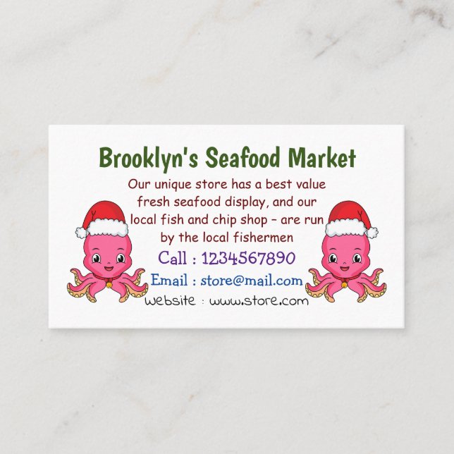 Cute happy octopus wearing Christmas hat cartoon Business Card (Front)