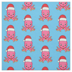 Cute happy octopus wearing Christmas hat cartoon Fabric