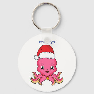 Cute happy octopus wearing Christmas hat cartoon Keychain