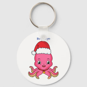 Cute happy octopus wearing Christmas hat cartoon Keychain
