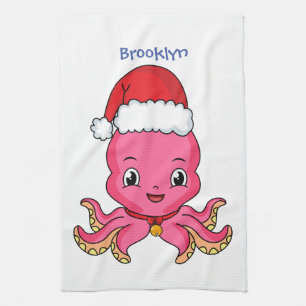 Cute happy octopus wearing Christmas hat cartoon Kitchen Towel