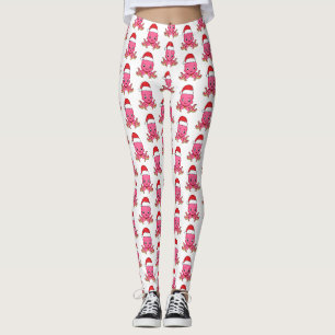 Cute happy octopus wearing Christmas hat cartoon Leggings