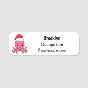 Cute happy octopus wearing Christmas hat cartoon Name Tag
