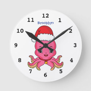 Cute happy octopus wearing Christmas hat cartoon Round Clock