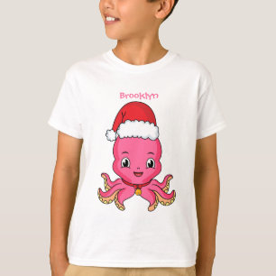 Cute happy octopus wearing Christmas hat cartoon T-Shirt