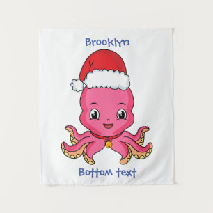 Cute happy octopus wearing Christmas hat cartoon Tapestry