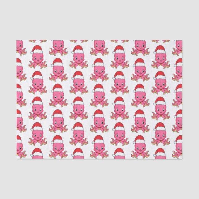 Cute happy octopus wearing Christmas hat cartoon Tissue Paper (Front)