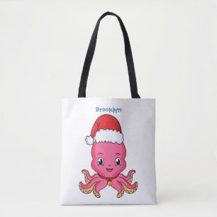 Cute happy octopus wearing Christmas hat cartoon Tote Bag