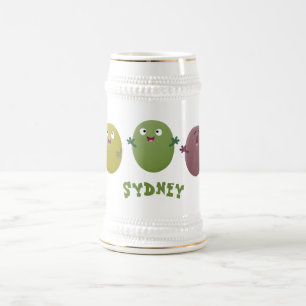 Cute happy olives singing cartoon beer stein