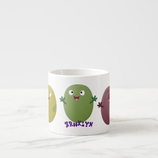 Cute happy olives singing cartoon espresso cup (Front)
