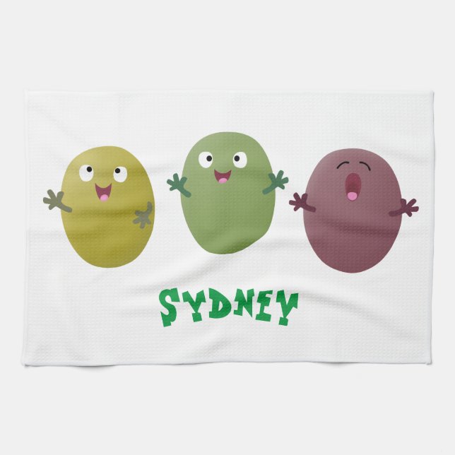 Cute happy olives singing cartoon kitchen towel (Horizontal)