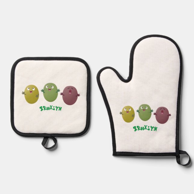 Cute happy olives singing cartoon oven mitt & pot holder set (Front)